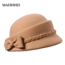 MAERSHEI винтажная черная шерстяная шляпа с куполом и бантом в виде листьев лотоса, большая шляпа, Женская осенне-зимняя шапка, темпераментная шляпа MAERSHEI винтажная черная шерстяная шляпа с куполом и бантом в виде листьев лотоса, большая шляпа, Женская осенне-зимняя шапка, темпераментная шляпа
