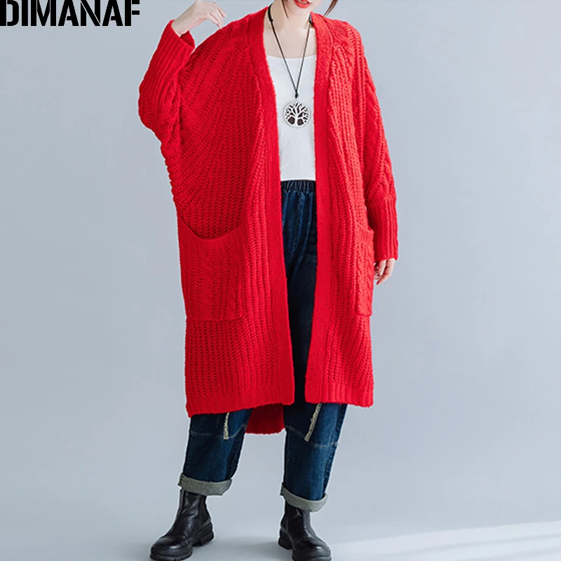 DIMANAF плюс размер женский свитер Кардиган с длинным рукавом Осень Зима плотная вязаная женская повседневная одежда большого размера однотонная красная - Цвет: Mo91966CN