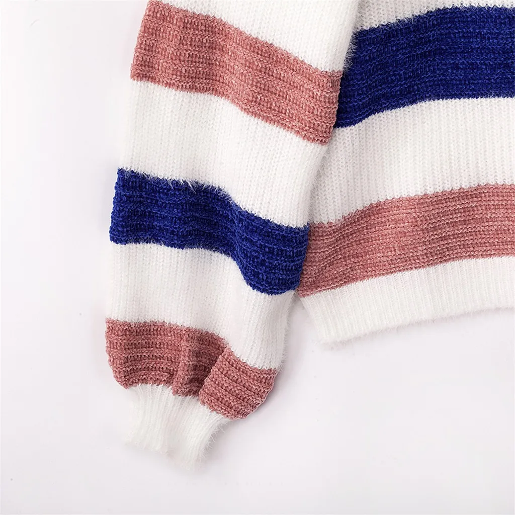 Новые женские свитера пуловер Плюс размер Женский вязаный полосатый пэчворк длинный рукав o-образным вырезом свитер Топ Зимний вязаный свитер