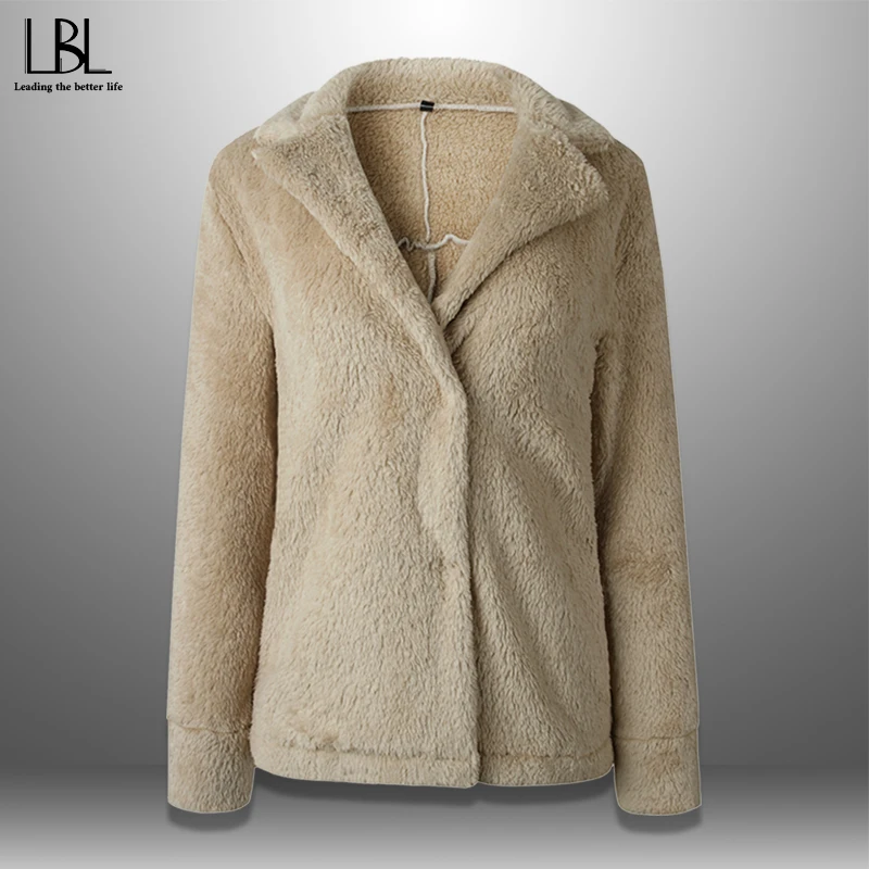 low cost Autumn Women Fleece Jacket Winter Faux Fur Short Coat Warm Soft Plush Suit Collar Female Casual Sol