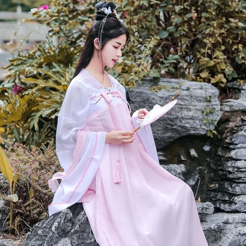 Костюм принцессы в китайском стиле; платье ханьфу с вышитыми цветами; костюм китайской Феи для танцев; сезон весна-осень - Цвет: Розовый