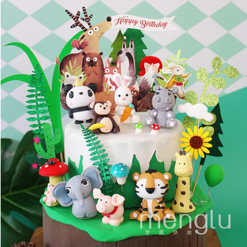 Decorations De Fete Gateau Joyeux Anniversaire Avec Un Lion Panda Petit Lapin Blanc Girafe Decoration De Gateau D Arbre De Foret Aliexpress