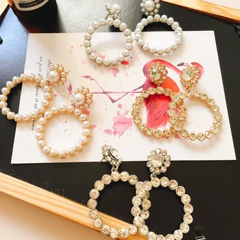 

Ztech Vintage Metal Big Rhinestone Round Earring Luxury Crystal Imitation Pearl Earrings For Women Accessories