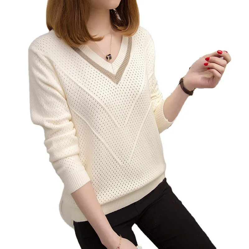 

Spring Autumn Sweater Women Pullovers Warm Hollow Out Sweaters Women Loose Knitted Female V-neck Patchwork Base Tops