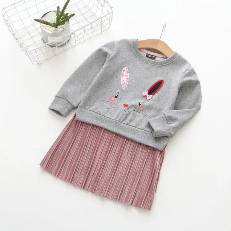 

2019 Spring And Autumn Children Girls Bow Rabbit Embroidered Joint Hem Cartoon Dress Children Shirt