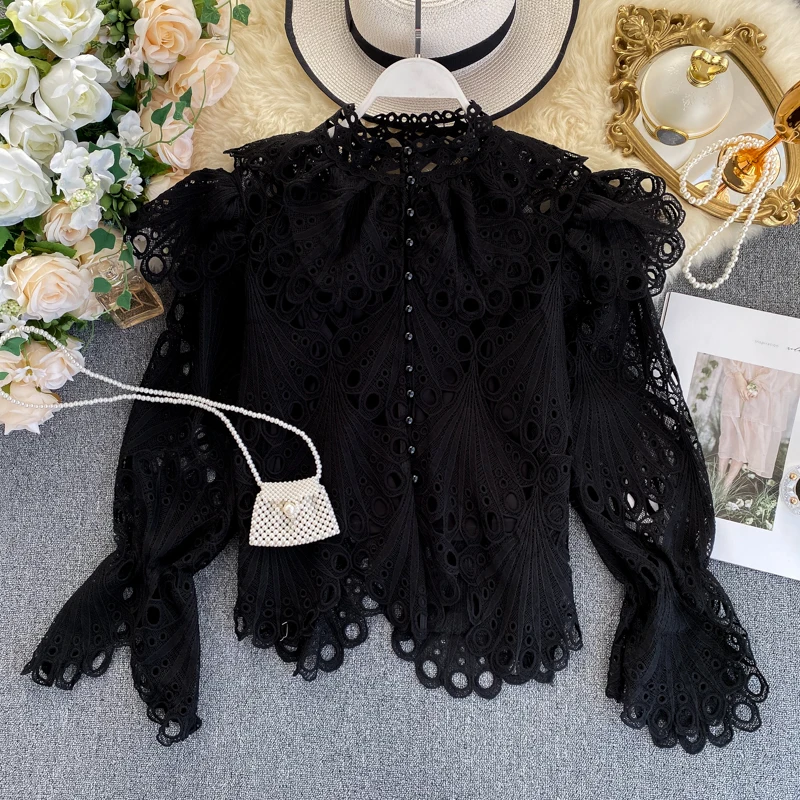 Кружевной топ, Модные Винтажные женские блузки, элегантный белый черный кардиган,, высокое качество, топы, женская одежда, женские рубашки, 2 штуки - Цвет: Black