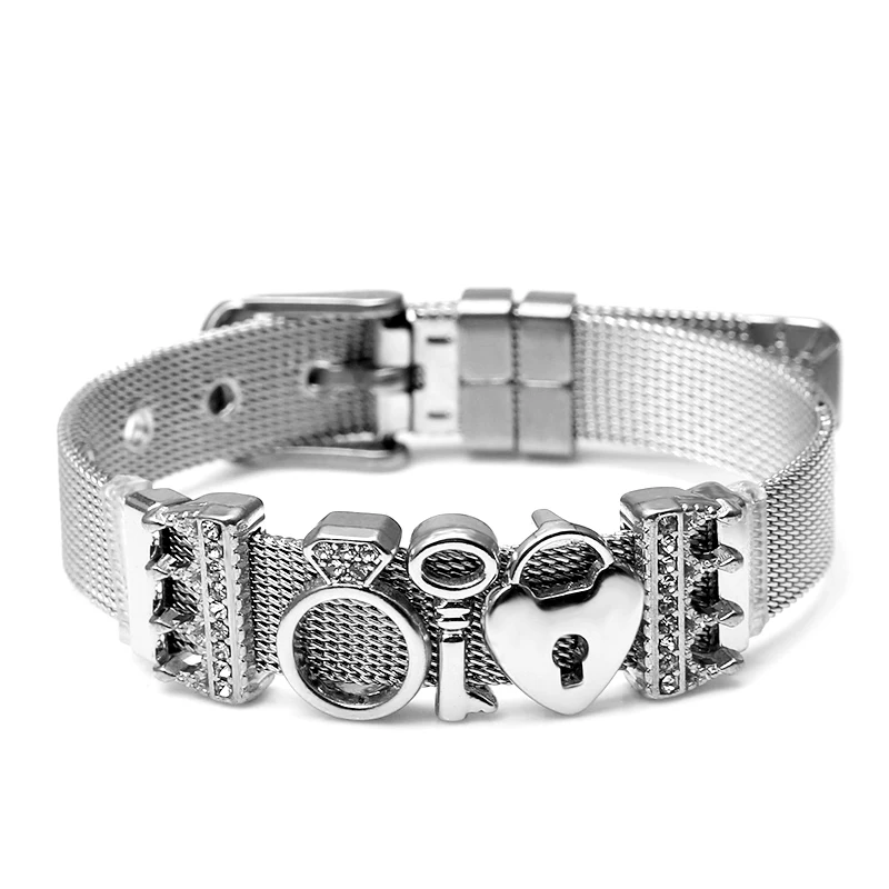 925 модные серебряные часы из нержавеющей стали, сетчатые браслеты для пояса для женщин и мужчин, пара, розовое золото, браслет с подвеской в виде сердца для влюбленных - Окраска металла: YD004-1