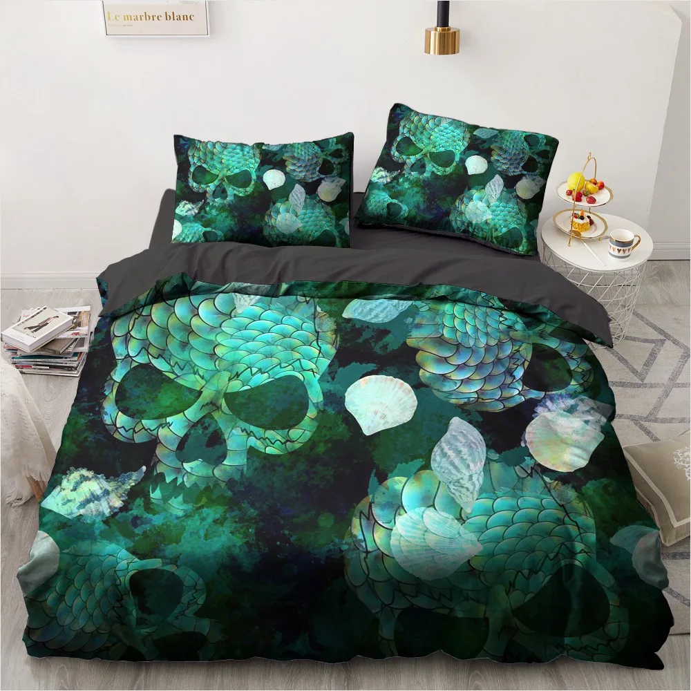3D Skull Bedding Sets Green Duvet Quilt Cover Set Comforter Bed Linen Pillowcase King Queen Full Double Size Home Texitle | Дом и сад