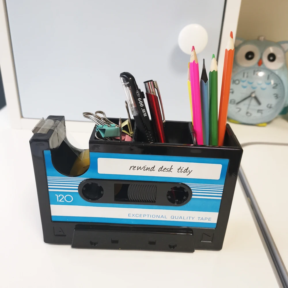 Multifunctional Tape Pen Holder Pencil Pot Storage Container Desk Stationery Organizer Retro Cassette Dispenser for Office Home