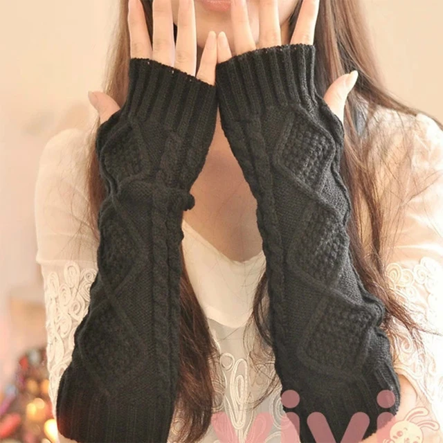 1 Pair Autumn Winter Women Knit Gloves Arm Wrist Sleeve Hand Warmer Girls Rhombus Long Half Winter Mittens Fingerless Gloves