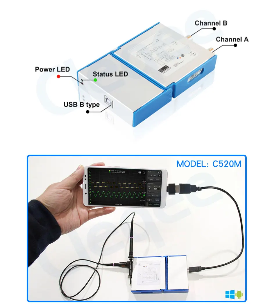 Cleqee C520 Series Android&PC Virtual Digital Handheld Oscilloscope Connect 2 Channel Bandwidth 20Mhz/50Mhz Sampling Data 50M/1G