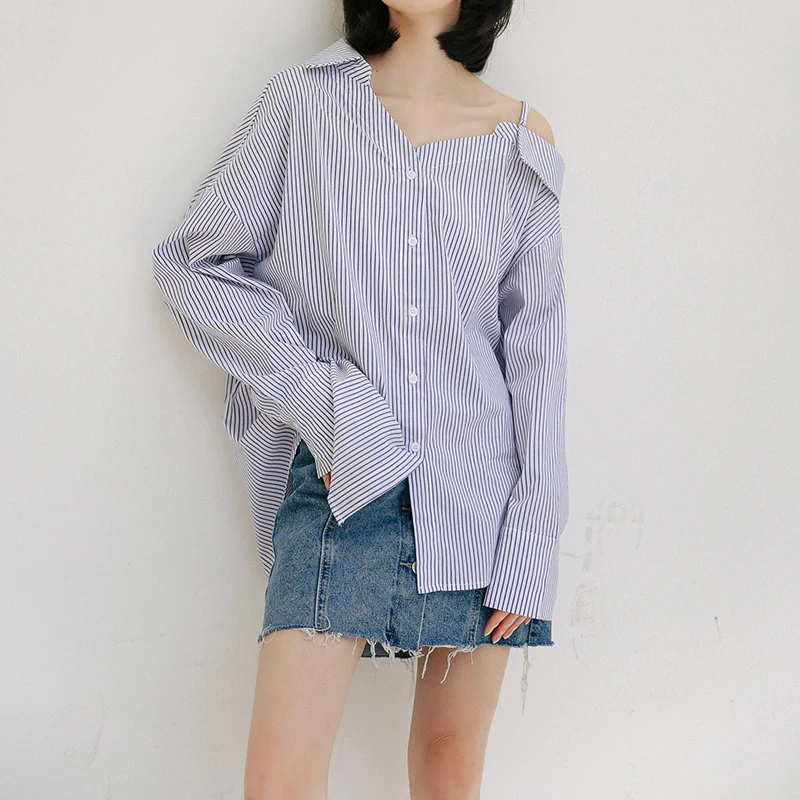 QOERLIN Vertical Striped Strapless Blouse Korean Retro Long Sleeve Turn-Down Shirts 2021 Chic Fashion Women Buckle Loose Blouses