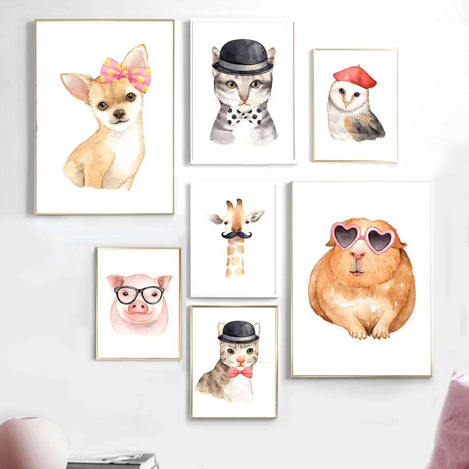 

Cartoon Fashion Cat Dog Pig Owl Giraffe Nordic Posters And Prints Wall Art Canvas Painting Animals Wall Pictures Kids Room Decor