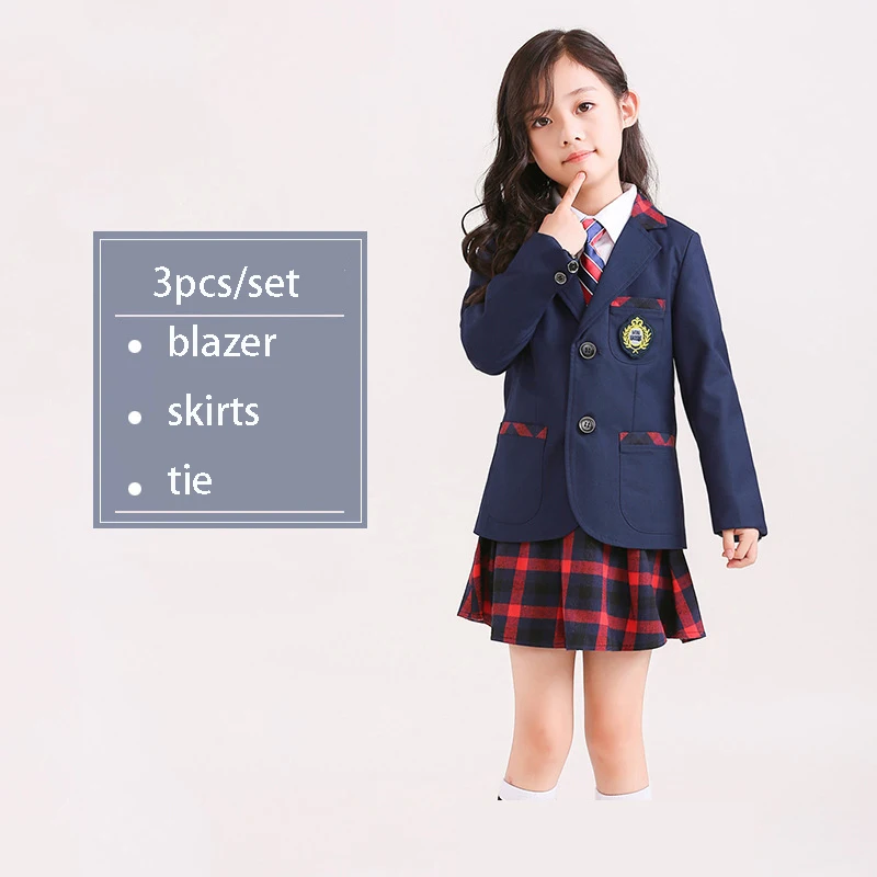 Осенне-весенняя Детская школьная форма, комплект одежды для мальчиков, блейзер для девушек, штаны, рубашки, галстук, наряд, детский праздничный костюм - Цвет: girls 3pcs