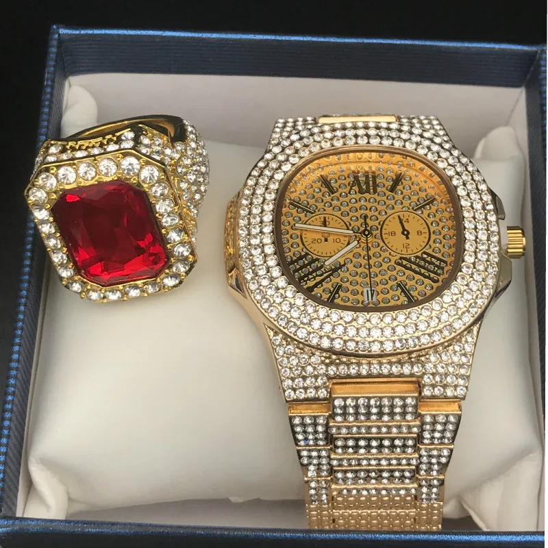 Золотой Роскошные мужские бриллиантовые золотые часы хип-хоп Iced Out кубинские часы с бриллиантами и красным Рубином ожерелье и кольцо комбинированный набор рэпер мужские ювелирные изделия - Цвет: Золотой