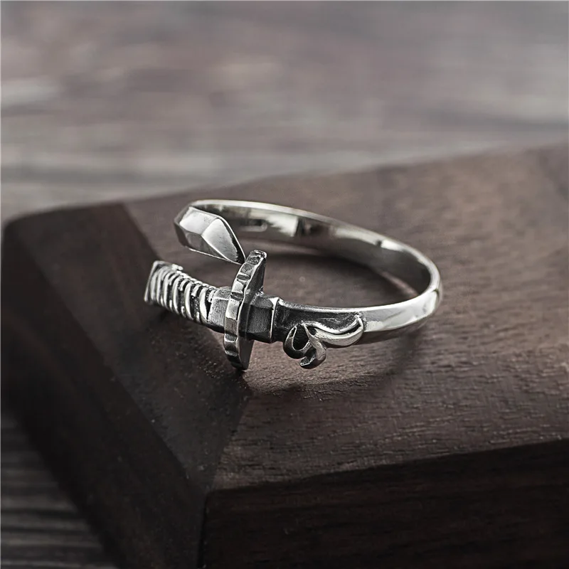 Myshiwu Adjustable Samurai Sword Ring - 925 Sterling Silver Open Ring, Fits Size 7-11.5