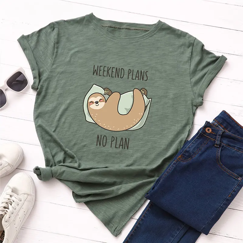 

2019 Fashion Plus Size Women T-shirt 100% Cotton Tees Sloth's Weekend Plan Printed T-Shirt Women O-Neck Short Sleeve Tshirt Top