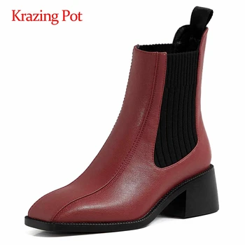 

Krazing pot Chelsea boots natural leather mixed colors knitting square toe thick med heel slip on beauty lady ankle boots L17
