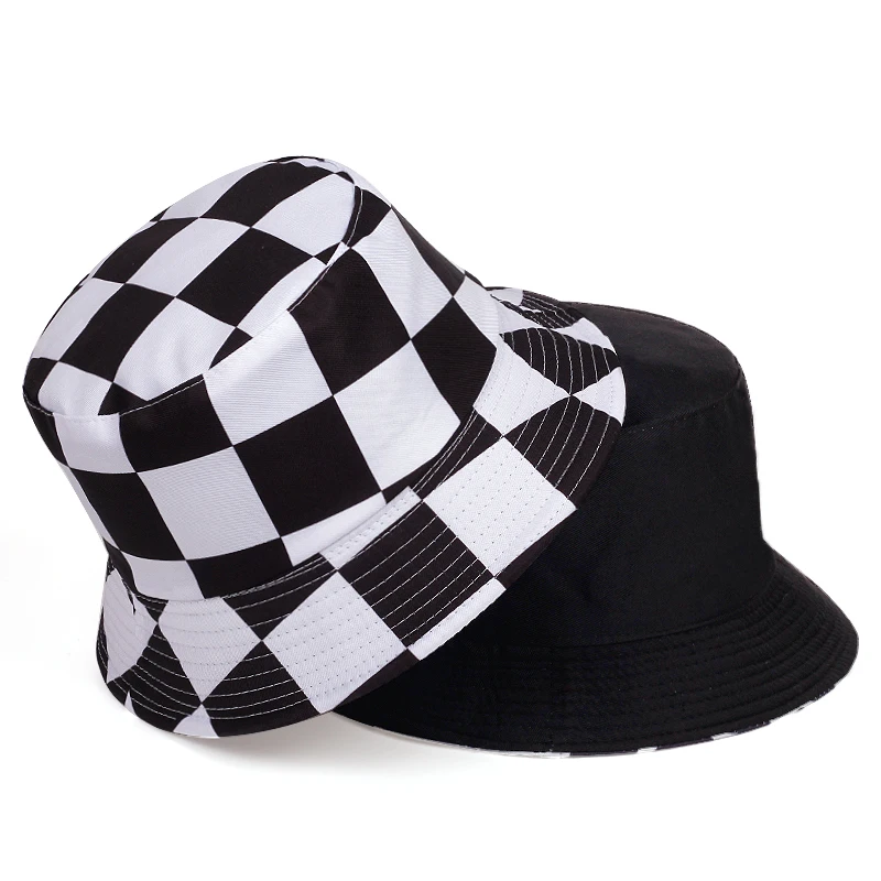 Fashion summer bucket hat Plaid Black White Panama Bucket Hats Foldable Cotton Woman Mens Fishing Hats Hip Hop Bob Unisex Caps