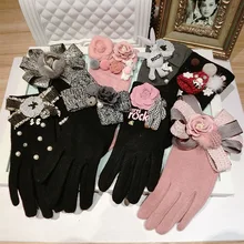 SP& CITY милые зимние перчатки женские цветочные меховые декоративные кашемировые перчатки для телефона сенсорный экран толстые теплые варежки