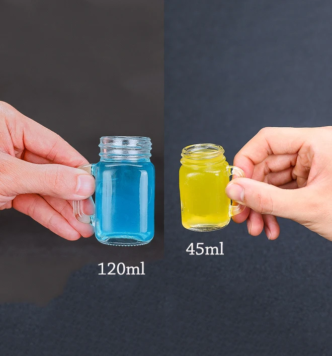 4 PCS Mini Mason Jar Mug Glass Shot Glass Set with Glass Handles, Whiskey Drinking Glasses/cups