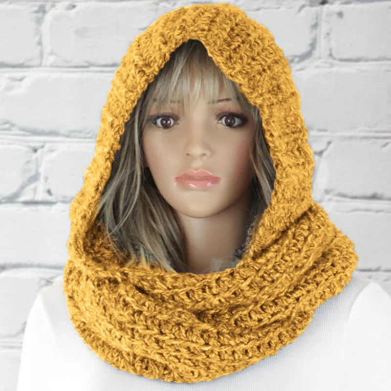 

1PC Polyester Fiber Knit Women's Hooded Scarf Yellow Winter Accessories Scarves Size M