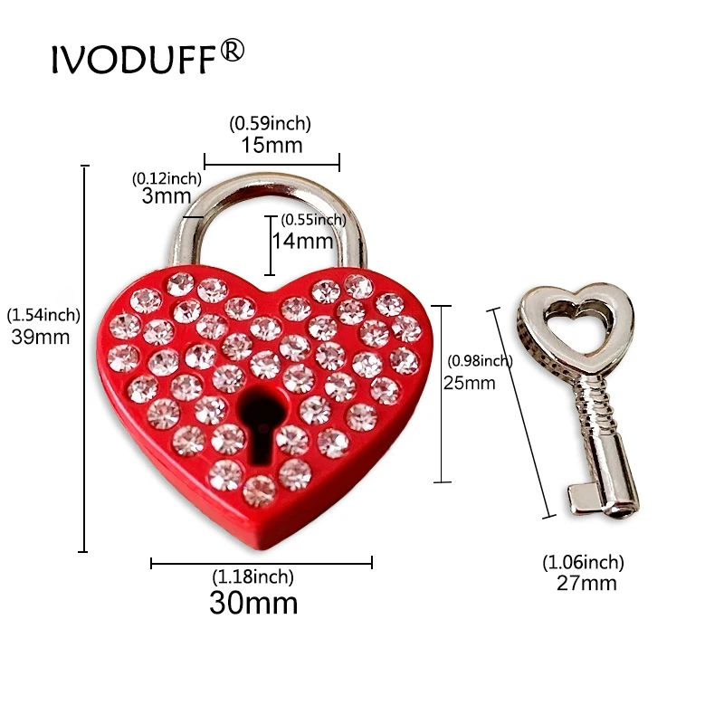 3 Colors Rhinestone Diamond Love Heart Padlock Lock Key For Luggage Decoration
