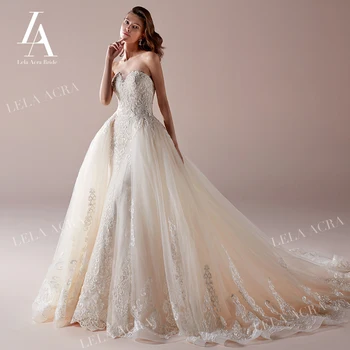

Luxury Appliques Lace Detachable Wedding Dress 2021 New Strapless Beading Mermaid Princess LelaAcra NZ140 Bride Vestido de Noiva