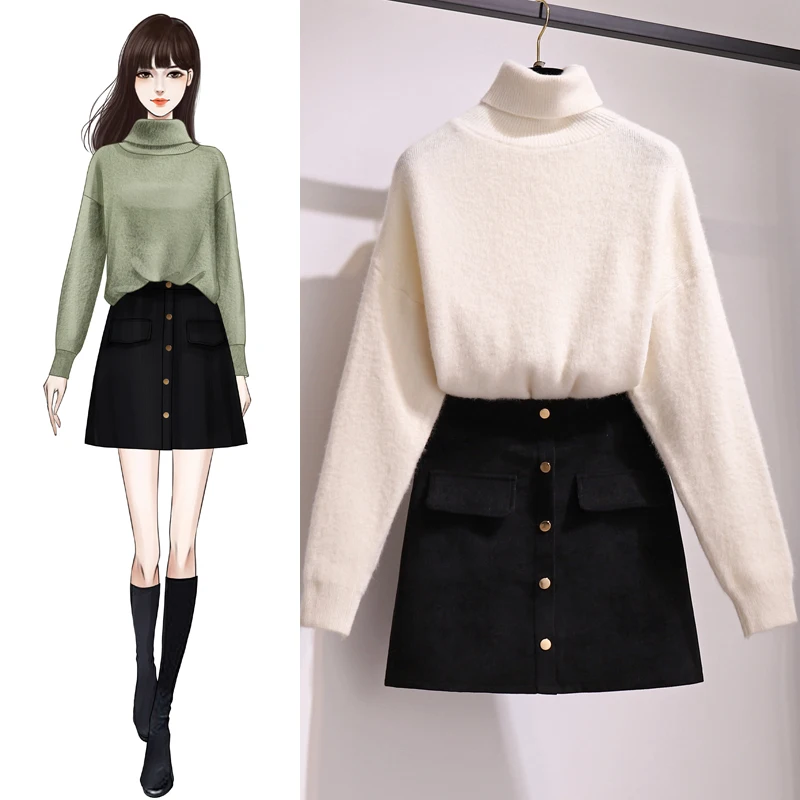 

Turtleneck Pure Color Avocado Green Knitted Sweater A-Line Skirt Buttons Skirts Two-Piece Suit Women Knitwear Outfit Pullover