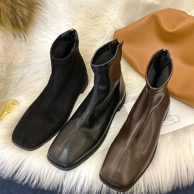 

2019 New Women Ankle Boots High Quality Soft Skin Ankle Boots Square Low Heel Zip Causal Ladies Shoes Boots Bota Sock Boots