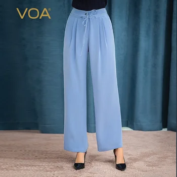 

VOA Bonnie Blue 40mm Heavy Silk Drawstring with Waist Arch Needle Fold Splicing Thick and Stiff Straight Pants K1102