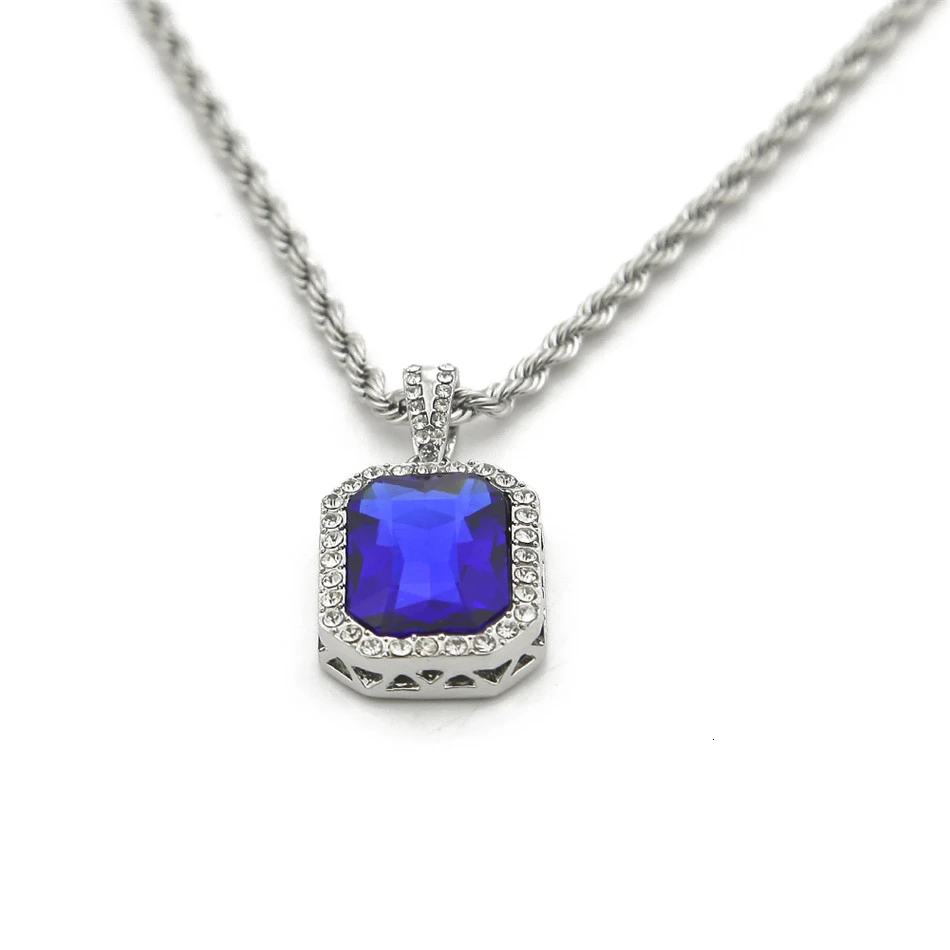 silver blue UWIN, Мужская подвеска в стиле хип-хоп, женская мода, золото, со льдом, стразы, мини квадрат, красный, синий, драгоценный камень, кристалл, кубинское ожерелье, Прямая поставка - Окраска металла: silver blue