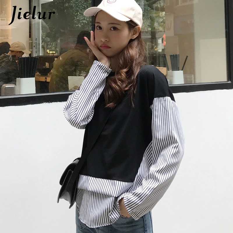 Jielur Корейская Лоскутная полосатая футболка для женщин Harajuku свободная Осенняя футболка Femme модная Очаровательная цветная темно-синяя черная футболка для девочек