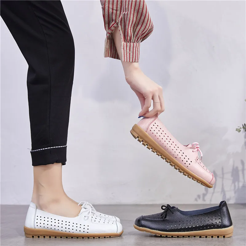 

2019 New Style Tendon Soft-Sole Hollow out Maternity Shoes Genuine Leather Breathable Loafers Slip-on Nurses Moccosins