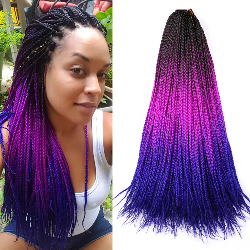 

Box Braids Crochet Hair Pre Stretched Ombre Braid Hair 24 Inch Purple Gray Blue Soft Synthetic Crochet Braiding Hair Extensions