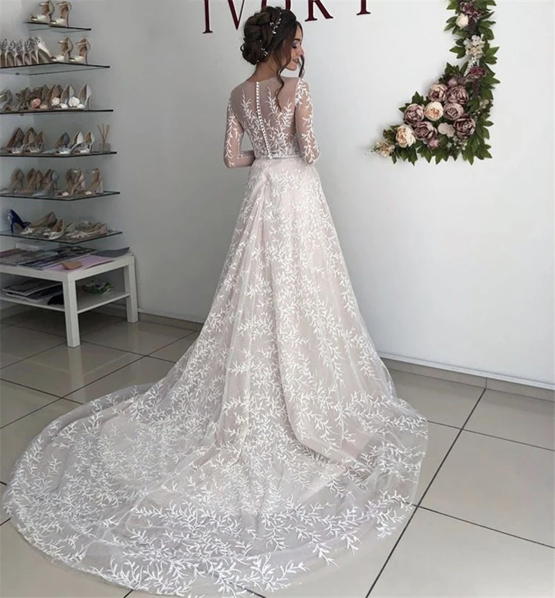 LORIE 2020 Spring Long Sleeve Lace Champagne Wedding Dresses A Line Bohemia Beach Bridal Dress Illusion Wedding Gowns Plus Size