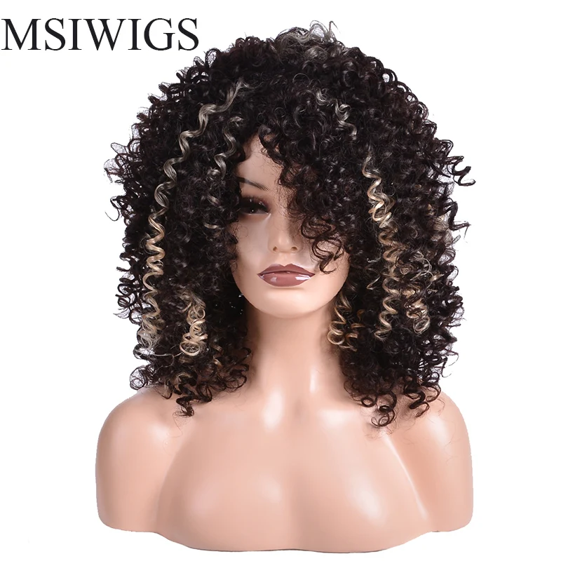 

MSIWIGS Short Afro Kinky Curly Wig Natural Black Mixed Blonde 14inch High Temperature Hair