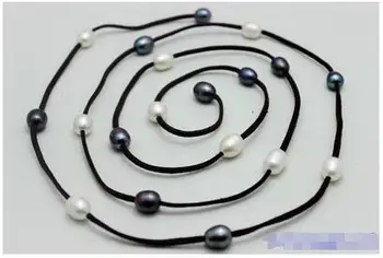 

New Arriver Leather Pearl Jewelry Black Leather Natural white & black Freshwater Pearl Necklace 10x12mm 48 inches