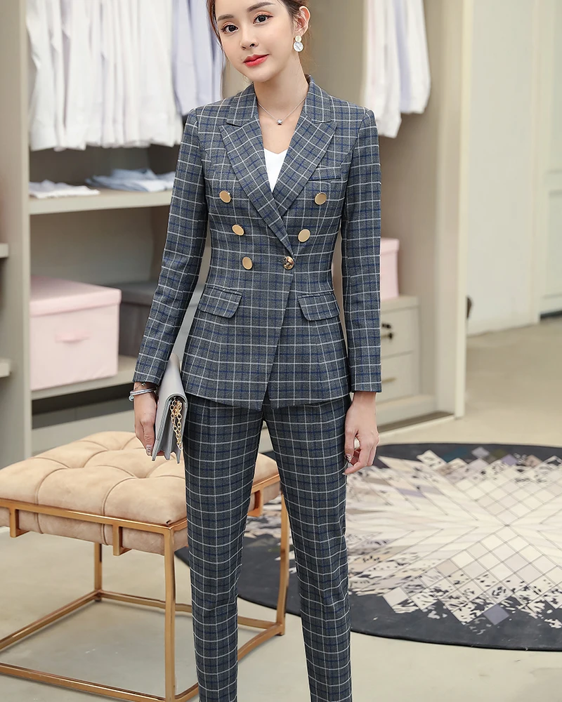 Women Girl Casual Pant Suits Purple Gray Plaid Blazer Jackets Set Suit Uniform Designs Style Jackets Coat and Pant 2 Pieces Set