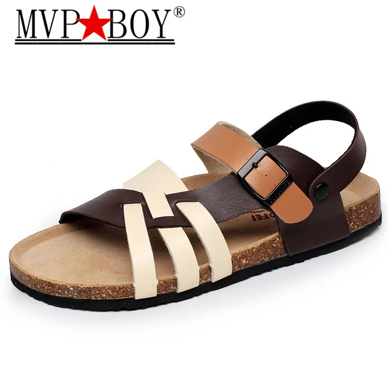 2020 New Men's Summer Flat Fashion Adjustable Men Slides Beach Flip-Flops Male Leather Black Cork Sandals Home Shoes 39-46 Black