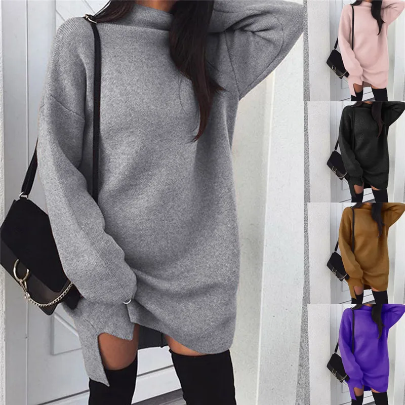 

Women Sweatshirt Turtleneck Long Sleeve Autumn Winter Long Sweatshirt Hem Split Design Ladies Loose Comfortbale Knitted Top