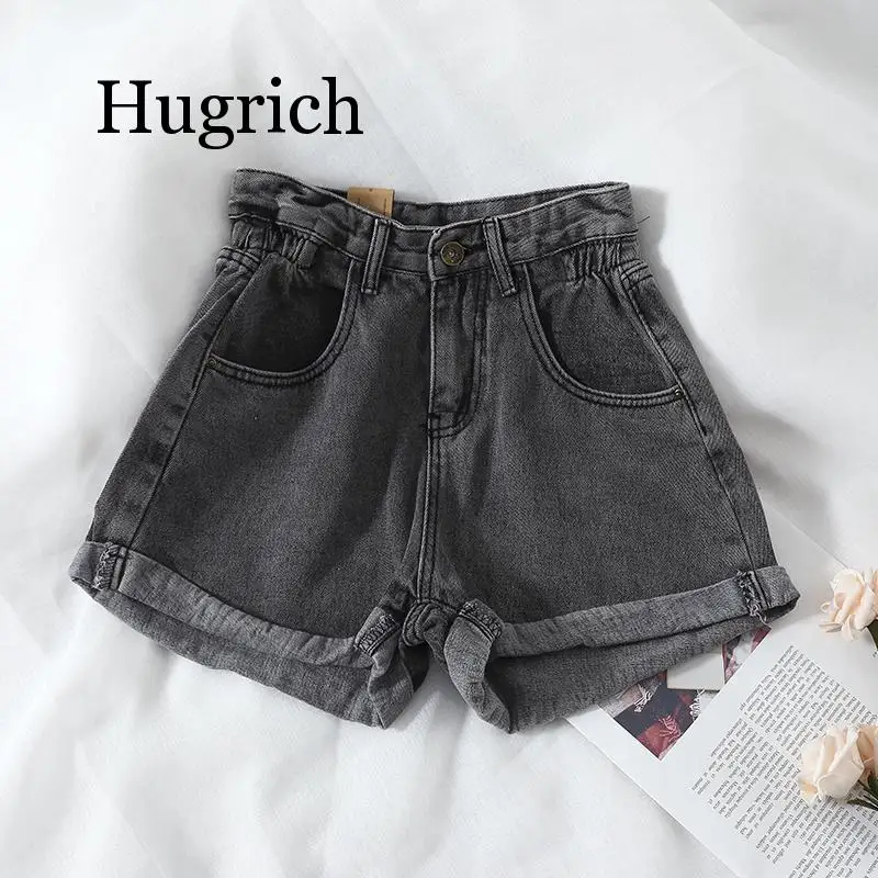 2020 Summer Vintage Curling Denim Shorts Women Button Zipper Pocket Elastic High Waist Jeans Short Female Hotpants