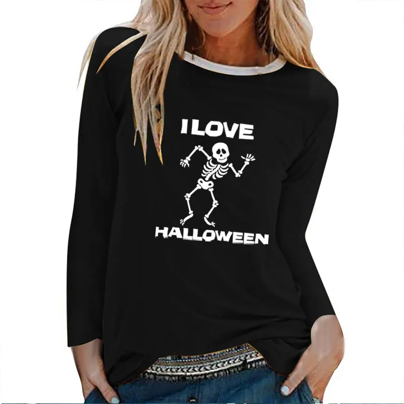 I Love Halloween Human Skeleton Printed Long Sleeve Tshirts Women