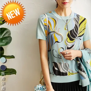 

Spring Fashion Autumn Short sleeve Knitting Tops Women's Elegant Sky blue Print Silk Wool Sweater Pullovers