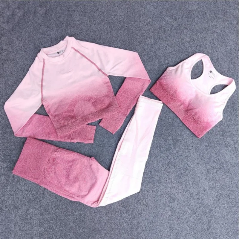 

Женский спортивный костюм Ombre для фитнеса и тренировок, комплект для йоги, бесшовные леггинсы, короткий топ с длинным рукавом, спортивный бюстгальтер, штаны для бега, одежда для тренажерного зала