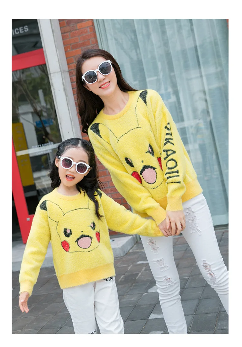 Cartoon Pikachu Family Sweater Winter Mommy Daughter Clothes Pajamas Family Matching Outfits New Mother Daughter Family Outfits
