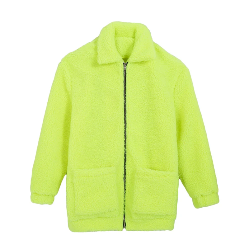 green Auyiufar неоновый зеленый модное осеннее пальто оверсайз Женская куртка с длинными рукавами плюш Теплый уличная однотонный Свитшот одежда - Цвет: green