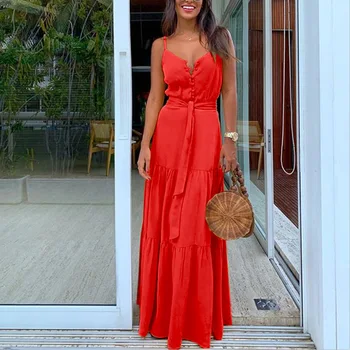 

Slip Dress Long Women White Summer Dress 2020 Boho Red Dress Off Shoulder Vintage Personality Button Split Joint Camisole Dress