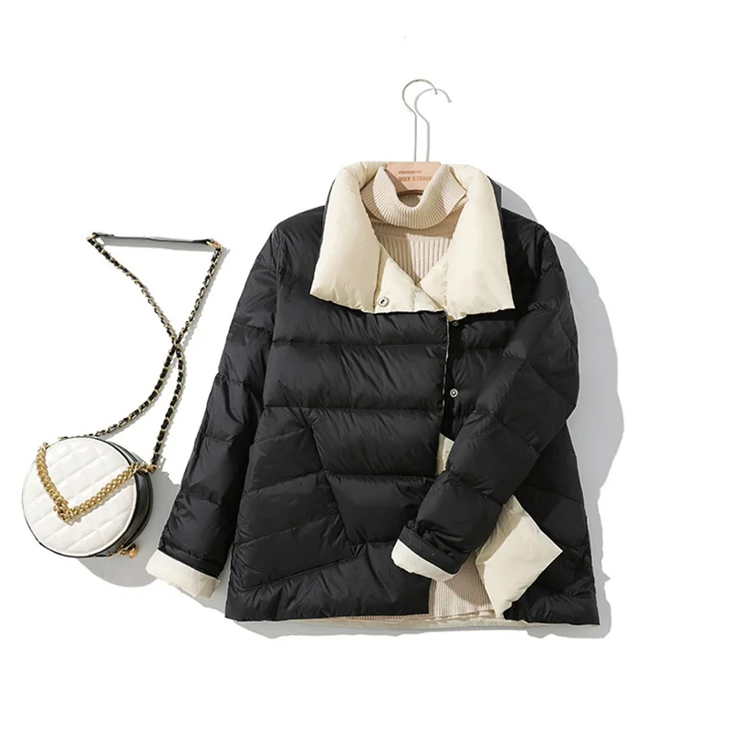 

2021 Winter New White Duck Down Jacket Women's Casual Stand Up Collar Thicken Slim Two sided Fashion Short Solid Color Warm Coat