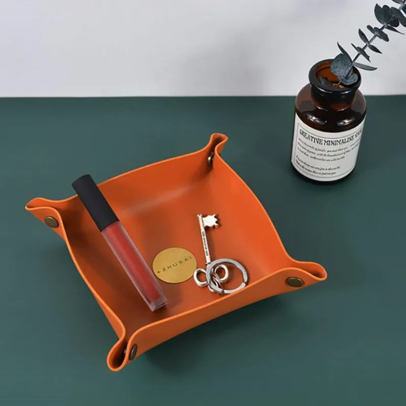 

Nordic Foldable Storage Shelf PU Leather Square Tray Key Wallet Coin Box Tray Desktop Storage Box Tray Room Accessories